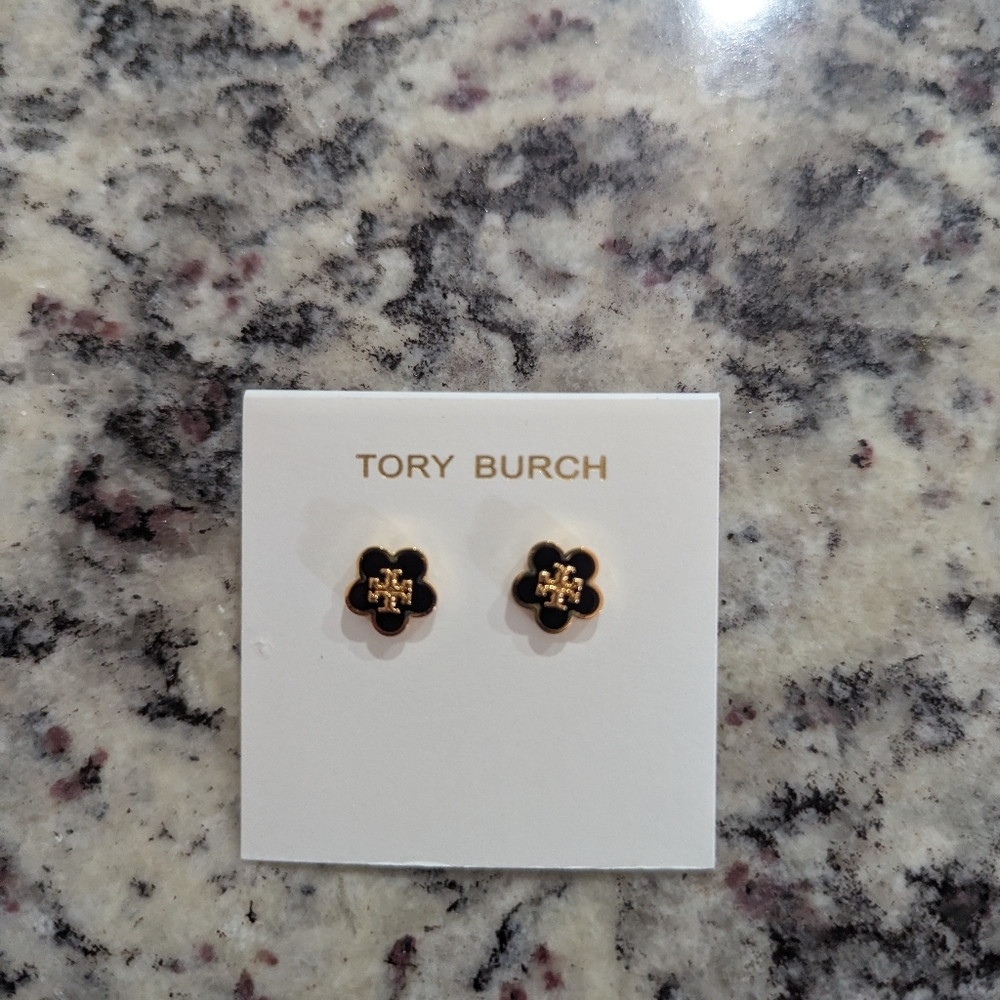 Tory Burch Black and Gold Flower Earrings